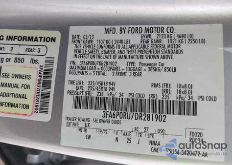 2013 Ford Fusion Hybrid Titanium from USA, damaged, VIN 3FA6P0RU7DR281902
